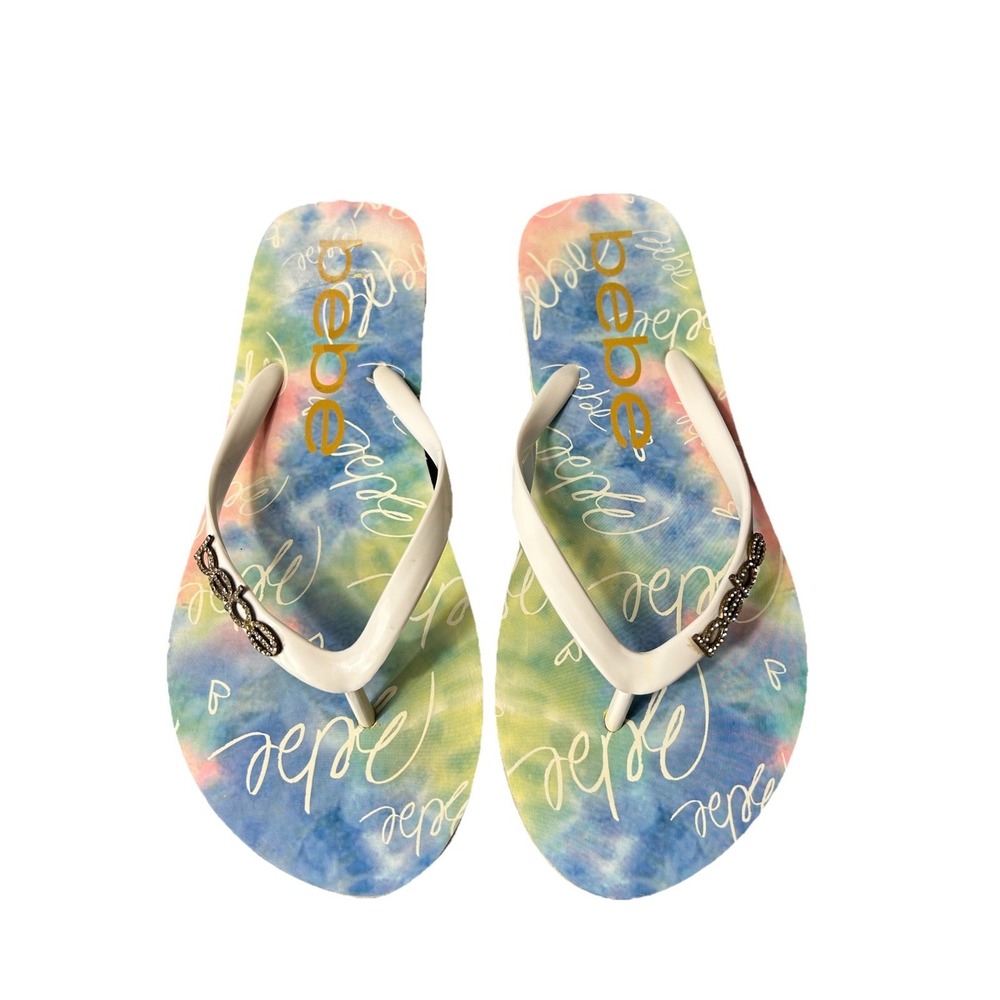 Bebé Women's Flip Flops‎ Size 7/8 Rhinestone Logo Beach Resortwear Summer Pool